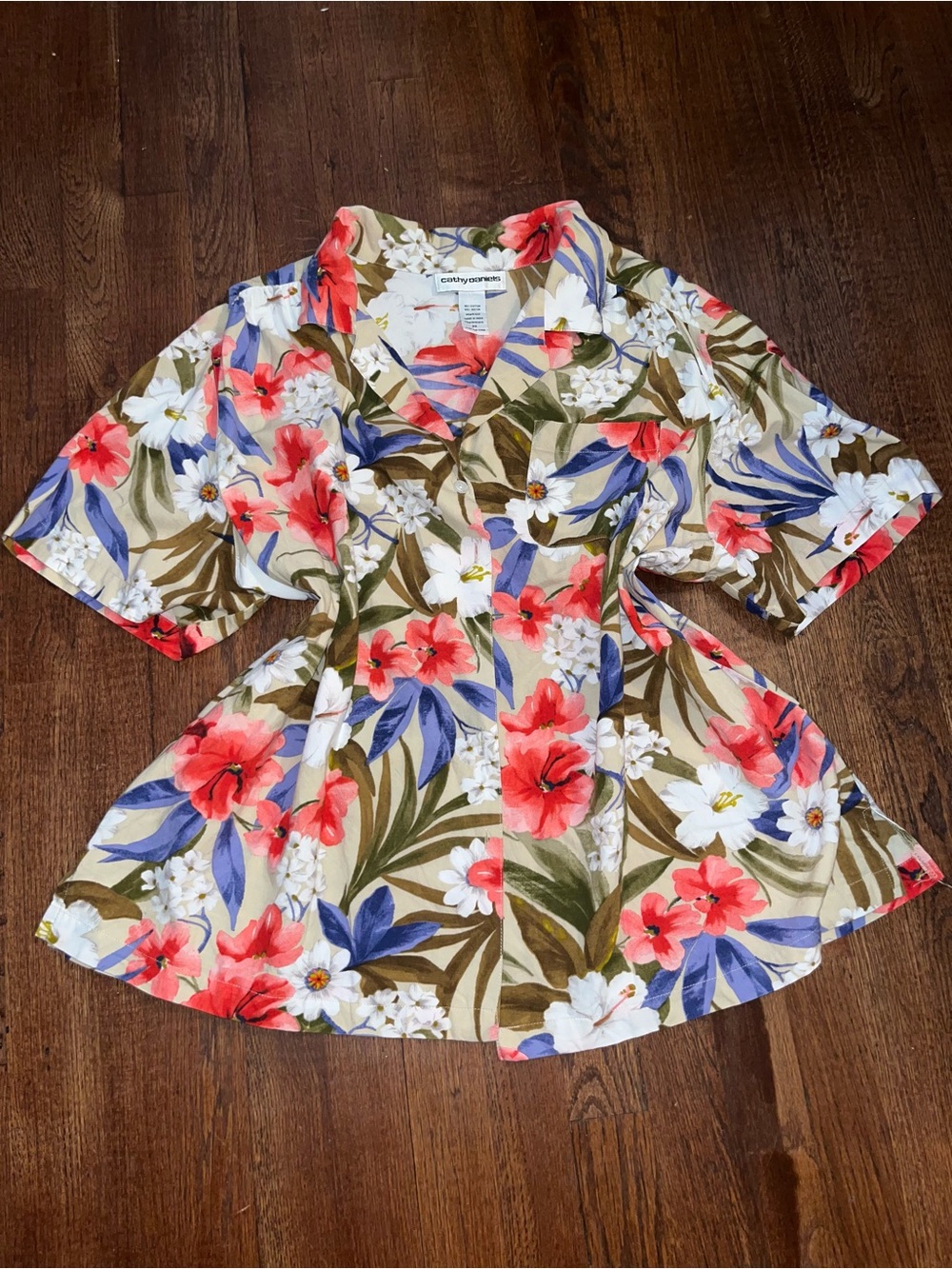 Vintage Plus Size Coral, Blue & White Tropical Button-Front Blouse